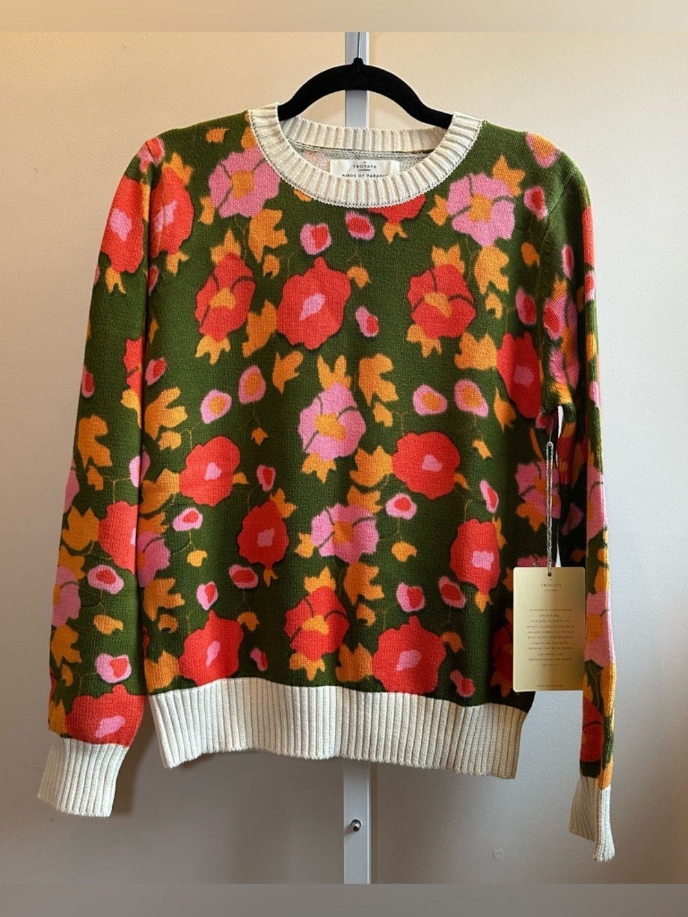 Trovata Birds of Paradis Barbara Floral Cotton Sweater NWT Size S Papaya Bloom